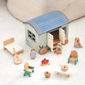 Juego de Remolque de Camping de Madera, Juego de Simulación para Niños, Juego de Cocina Realista, Kit de Juguete Multifuncional, Ayuda a los Niños a Desarrollar Conocimientos Básicos, Juguete Social