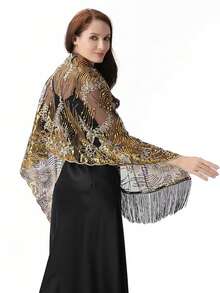 New Luxury Sequin Embroidered Tassel Shawl, Suitable For Wedding, Banquet, Ball, Party, Cheongsam, Floral & Paisley Print, Polyester, All Season