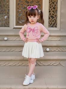 Set de 2 piezas de niña con sudadera de manga larga rosa y falda plisada blanca, para otoño - Rosa - Ver 5