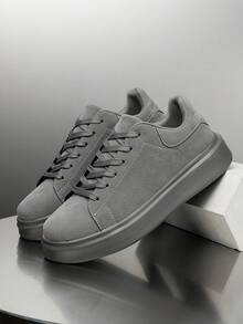 Men's Classic Solid Color Patchwork Lace-Up Casual Sneakers, Niche Fashion Letter Pattern Comfortable Elevator Shoes, Couple Shoes - Grey - View 6