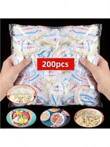 200pcs Disposable Plastic Food Wrap, Elastic & Self-Sealing Design To Keep Leftover Food Fresh, Suitable For Covering Bowls And Plates, Household Use - Multicolor - View 1