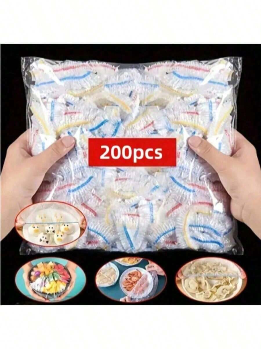200pcs Disposable Plastic Food Wrap, Elastic & Self-Sealing Design To Keep Leftover Food Fresh, Suitable For Covering Bowls And Plates, Household Use - Multicolor - View 1