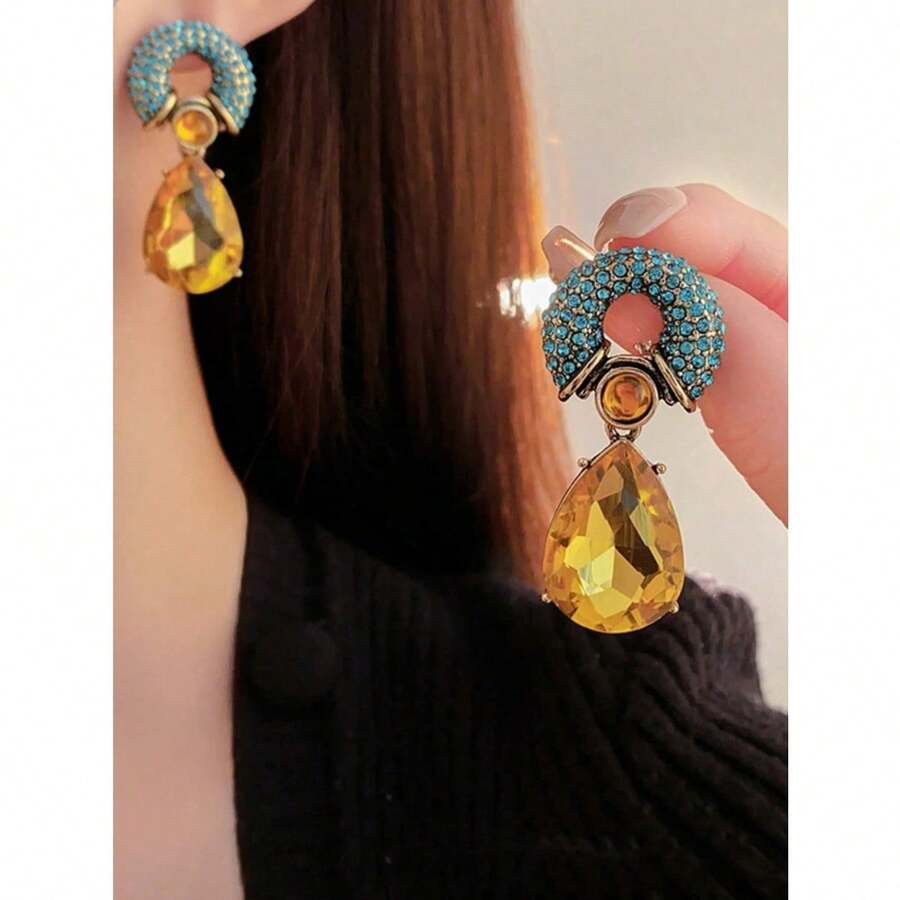 Retro Personalized Circle Water Drop Pendant With Diamond Imitation Gemstone Multi Color Metal Women's Earrings - Nhiều màu - Xem 1