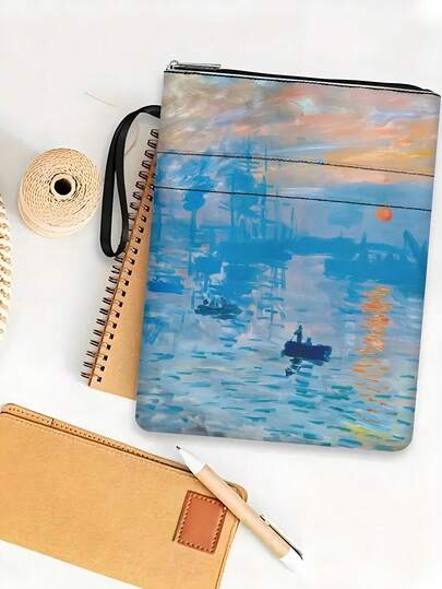 1 pièce Couverture de livre zippée thème de l'Impression, Soleil Levant de Monet, protecteur de livre de poche, jaquette de livre de poche, couverture de livre, étui de livre, sac de livre imprimé avec poche avant, sac de rangement multifonction lavable pour livre, convient aux étudiants, enseignants, amateurs de livres, passionnés de la Bible