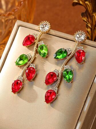 1对精美圣诞树耳钉，彩色圣诞灯泡耳环，闪亮心形水滴形立方氧化锆耳环，适合婚礼/度假/舞会/情人节/圣诞节礼物