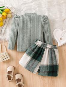 Baby Mädchen Mode Lässig Süß Set, Herz Stickerei Puffärmel Stylisches T-Shirt + Schleife Karomuster Skort