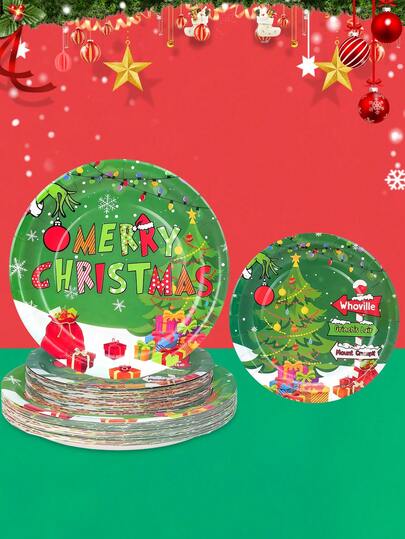 10 pezzi/20 pezzi/50 pezzi Articoli per feste di Natale, piatti da cena con personaggi natalizi verdi e rossi, set di stoviglie, piatti per dolci con fiocchi di neve per feste invernali e Buon Natale, decorazioni per feste