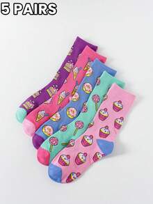 5 Pairs/Sets Of Women's Four Seasons Dessert Pattern Crew Socks Combination, Fall
