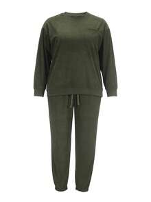 Plus Size Women Elegant Solid Color Pocket Long Sleeve College Holiday Office Spring Autumn 2-Piece Set Comfortable Casual Spring Outfit Women Vacation Outfits Women Autumn Outfit For Women Back To School Clothes. - Dark Green - View 6