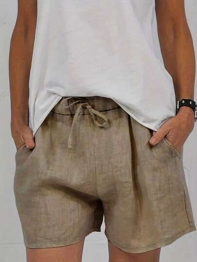 女士亚麻面料松紧腰抽绳休闲短裤