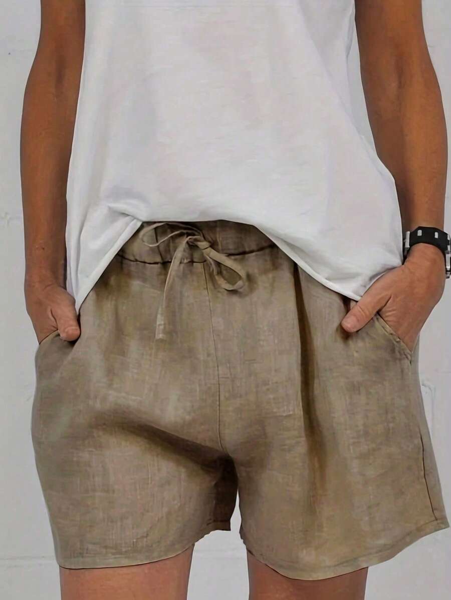女士亚麻面料松紧腰抽绳休闲短裤 - 摩卡棕 - 查看 1