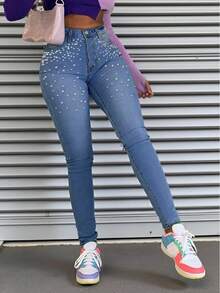Women's Elegant Pearl Embellished Denim Skinny Jeans Long Length Slim Fit With Medium Stretch For Party And Sexy Style - 藍色 - 查看 4