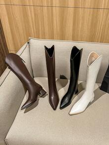 2025 Botas de tacón ancho de alta calidad y caliente de otoño nuevo, botas versátiles de moda hasta la rodilla, zapatos de mujer de estilo europeo con puntera puntiaguda y tacón bajo, elegantes botas minimalistas por encima de la rodilla - Marrón - Ver 5