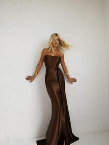 Elegant, Sexy, Satin, Strapless, Maxi Party Dress With Side Slit And Tie At The Back, Ideal For Bridesmaid/Smart Casual Attire/Wedding Guest/Graduates/Formal Occasions - Rỉ Nâu - Xem 1