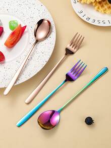 2pcs Stainless Steel Korean Style Long Handle Spoon And Fork Cutlery Set, Hotel/Home Soup Spoon, Coffee Stirrer