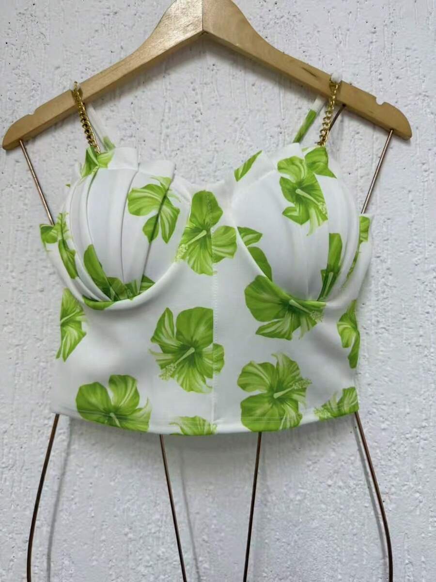 Cropped Top Blouse Thin Strap Chain With Mermaid Cup Fashion Blogger Retro Summer Party Beach Neoprene Suplex Strappy - 多爾特綠地 - 查看 1