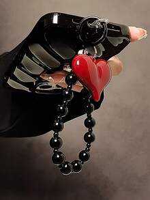 Red Heart Charm Beaded Phone Chain Wrist Strap - Durable ABS Resin DIY Craft Accessory With Metal Clasp, Stylish And Functional For Phone Protection, Wrist Strap For Phone, Phone Accessory, Heartshaped Charm, Metal Clasp Attachment - Multicolor - View 3