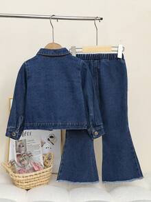 Girls' Denim Jacket With Bow Decor And Jeans Set, Casual Outfit For Spring/Autumn - 深色水洗藍 - 查看 2