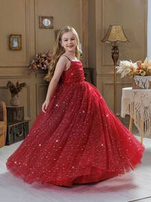 少女酒红色珍珠吊带星星网纱蝴蝶结装饰圣诞连衣裙，优雅公主裙，适合作为女孩生日礼物、青少年派对、婚礼、花童、感恩节、毕业典礼礼服 - 酒紅色 - 查看 7