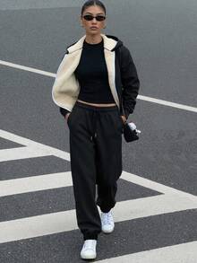 1 Set Women's Thermal Lined Sports Suit, Hooded Sweatshirt Fleece Sweatshirt + Thermal Lined Warm Sports Pants, Suitable For Outdoor Sports & Leisure In Winter - Black - View 3