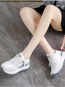 Net Surface Leather Upper Patchwork Dad ShoesWomen's Fashion Casual Sneakers - Breathable & Comfortable, Low-Top Lace-Up Running Shoes With Striped Design, Versatile For All Seasons, Available In White/Green, Light Pink/Blue, Black/White, And Dark Blue/Blackbasket Femmechaussure Femmebaskets Femmes - Grey - View 3