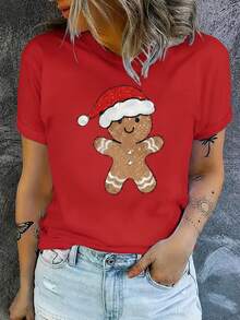 Camiseta playera básica gráfica estampada casual dama mujer tallas extra curvy plus size manga corta cuello redondo look casual relajado cómodo versátil fresca ligera colorido diseño galleta jengibre gorro navideño festivo fiesta cute - Rojo - Ver 1