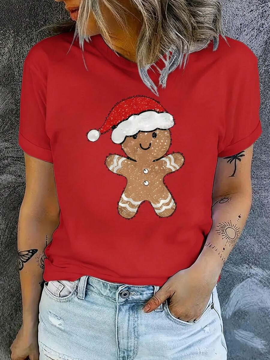 Camiseta playera básica gráfica estampada casual dama mujer tallas extra curvy plus size manga corta cuello redondo look casual relajado cómodo versátil fresca ligera colorido diseño galleta jengibre gorro navideño festivo fiesta cute - Rojo - Ver 1