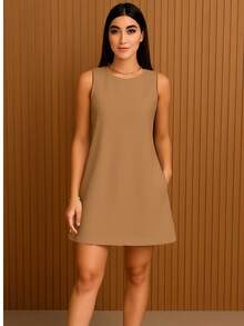 Women's A-Line Style Dress | Premium Tailored Fabric | Various Colors, Elegant And Modern With Pockets - Khaki - View 1