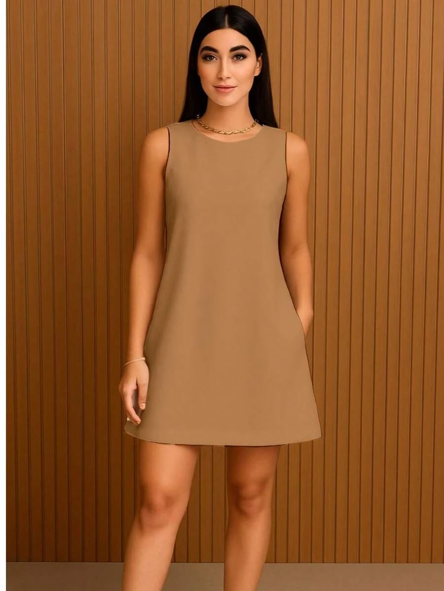 Women's A-Line Style Dress | Premium Tailored Fabric | Various Colors, Elegant And Modern With Pockets - Khaki - View 1