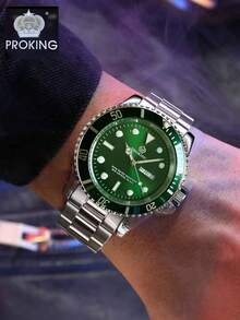 1pc 40mm PROKING Men's Stainless Steel & Leather Quartz Watch, Water Resistant Casual Business Watch, Suitable For Daily Decoration, Birthday Gift - Green - View 3