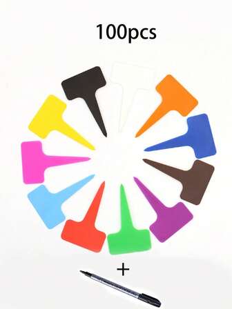 100 T-Shaped Garden Plant Markers, With Permanent Markers And Reusable Waterproof Labels, Suitable For Nurseries, Flowers And Potted Plants - Durable Outdoor Gardening Tools