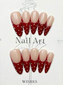 10片手工美甲片，椭圆杏仁尖头款式，按压式美甲，中短长款可选，柔和红色美甲，红色法式美甲，白色波点，简约优雅的手工冬季美甲，秋季按压式美甲，情人节美甲，新年美甲，节日美甲，派对美甲，日常约会美甲，海滩热带度假美甲，DIY假指甲，适合女性和女孩作为礼物，美甲用品 - 紅色 - 查看 16