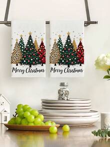 2pcs Christmas Tree Printed Kitchen Towels, Polyester Hand Towels With Christmas Pattern, Super Soft Woven Dishcloths, Machine Washable, Ideal For Restaurant, Kitchen, Christmas Holiday Decoration And Gifting - Multicolor - View 2