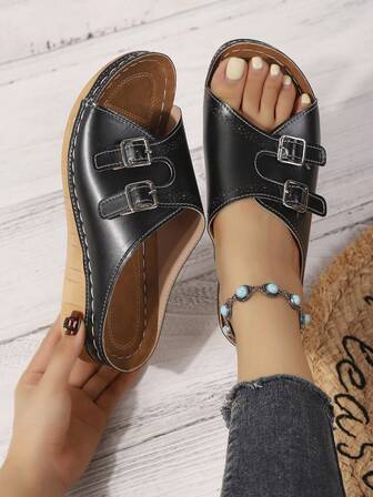 Sandalias de cuña con plataforma bordada de doble botonadura para mujer, de unicolor suave, para playa, fiesta, resort, moda elegante, boda, casual, sexy, uso al aire libre, con hebilla, fondo grueso, verano