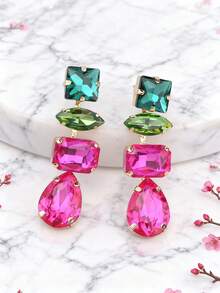 1 par de nuevos pendientes colgantes de aleación de cobre con cadena conectada, soldada, con garra geométrica y cristal de imitación, pendientes de mujer al por mayor - Estilo 1 - Ver 26