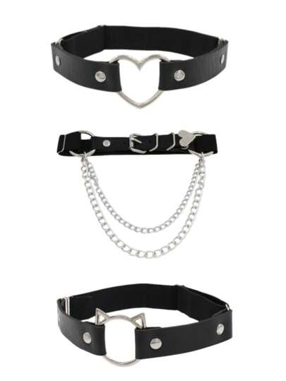 1/3 Piece Punk Gothic PU Leather Leg Ring Garter Belt, Heart-Shaped Hollow Out, Double Chain Heart-Shaped Pendant, Cat Ear Design, Adjustable Buckle, Suitable For Women'S Streetwear Matching To Parties Or Gifts, Due To Factors Such As Display And Pixels, There May Be Slight Color Differences. Please Refer To The Actual Product For Accuracy.