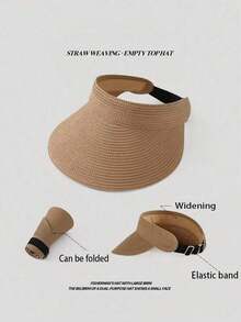1顶女士时尚草编遮阳帽，宽帽檐可卷起折叠，夏季沙滩防晒帽 - 多色 4 - 查看 2