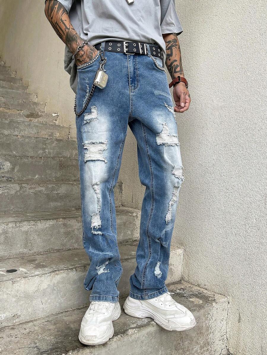 Pantalones vaqueros azul desgastados para hombre de 4 estaciones, pantalones de corte recto y delgado de estilo urbano estadounidense, personalizados con estilo Y2K, adecuados como regalo para el novio - Azul - Ver 1