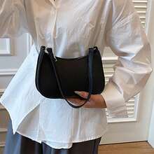 Bolso de hombro de PU para mujer con cremallera, elegante diseño de textura de superficie de color sólido, bolso informal para axilas - Negro - Ver 3