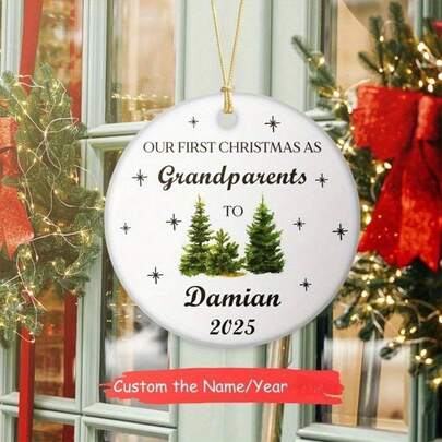 Personalized First Christmas Keepsake For Grandparents, Parents, Mother - Customized Name And Year (2025), White Acrylic, Elegant Pine Tree Ornament, Christmas Decoration - Holiday Gift For New Grandparents, New Parents, Christmas Gift