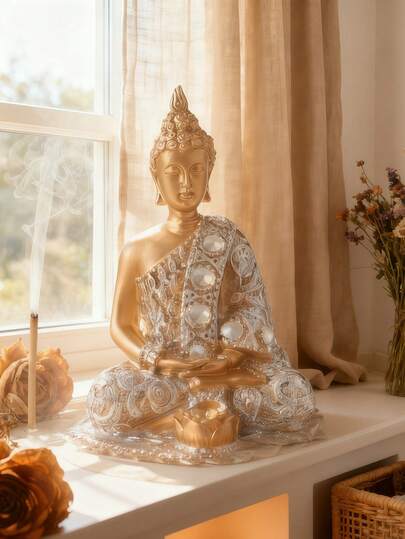 1 Piece Elegant Golden Buddha Incense Burner, Golden Rhinestone Buddha Incense Holder, Buddhist Incense Burner Spiritual Decoration For Housewarming Meditation Yoga, Resin Crafts With Crystal Decoration, Zen Decoration,