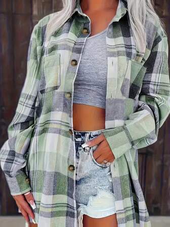 Green Plaid Button-Down Pocket Long Sleeve Casual Shirt, Plaid Button-Front Pocket Long Sleeve Top For Daily Wear