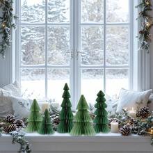 Fenyluxe 5 árboles de Navidad de papel de panal de abeja árboles de Navidad plegables en 3D color verde natural decoración de computadora para el hogar cenas fiestas y centros de mesa de - GreenSetb - Ver 2