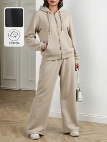 Conjunto de sudadera con capucha y cremallera para mujer - Tela suave y transpirable, diseño con detalles en negro y oro, pantalones de pierna ancha, estilo casual y moderno, ideal para múltiples ocasiones. - marrón claro - Ver 3