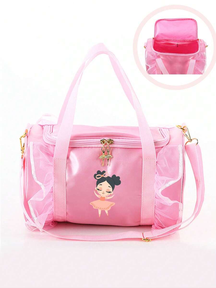 1 Fashionable Dance Bag, Lightweight Ballet Bag, Cartoon Pattern And Lace Detail Shoulder Bag, Flip Polyester Lining And Zipper Pocket, Suitable For Young Ballet Dancers' Daily Use, Perfect Gift Choice For Her