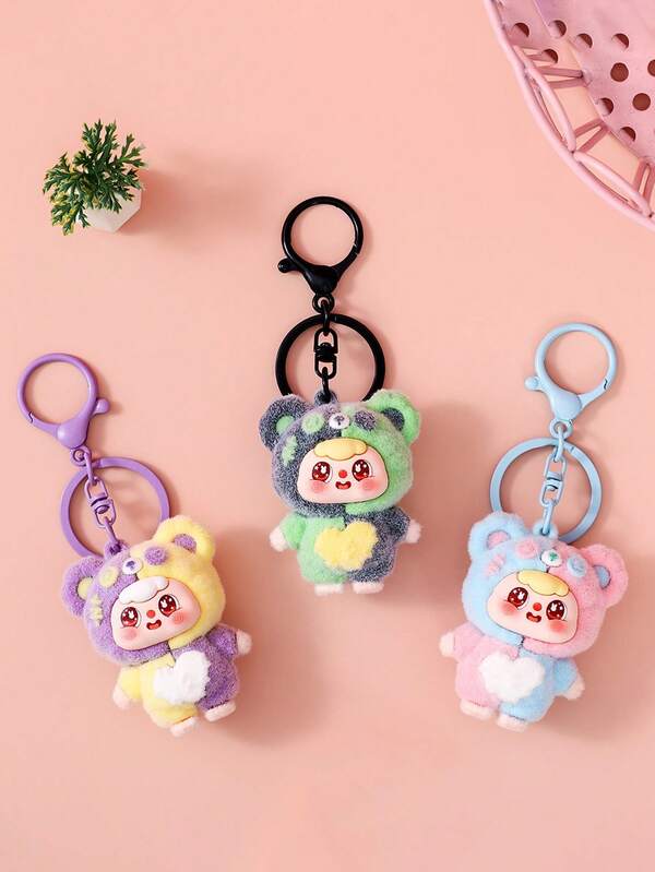 1pc Cute Cartoon Flocked Patchwork Bear Keychain Pendant, Cartoon Backpack Charm, Car Key Chain, Bag Accessory Pendant, Cartoon Keyring, Small Hanging Decoration Christmas Gift