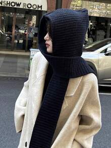 1pc Winter Hat & Scarf Set, Solid Color Design, Warm & Versatile Knitted Hooded Poncho - Multicolor - View 3