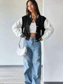 Teen Girls American Retro Black & White Colorblock Baseball Jacket, Autumn/Winter Short Knit Cardigan Coat - Black - View 11