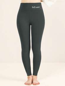 女士刺绣保暖高腰打底裤，户外休闲舒适打底裤，秋冬季 - 深灰色 - 查看 6