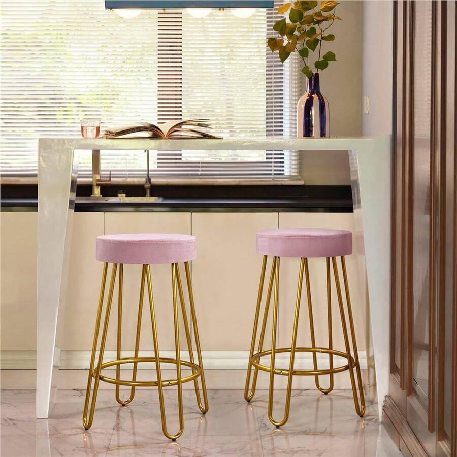 Butterslay 2pcs 26.5″ H Modern Upholstered Velvet Bar Stools With Metal Legs, Round Fabric Counter Chairs With Circular Footrest, For Kitchens, Restaurants, Bars, Cafes Black/Gray/Peacock Blue/Pink - 粉色 - 查看 1